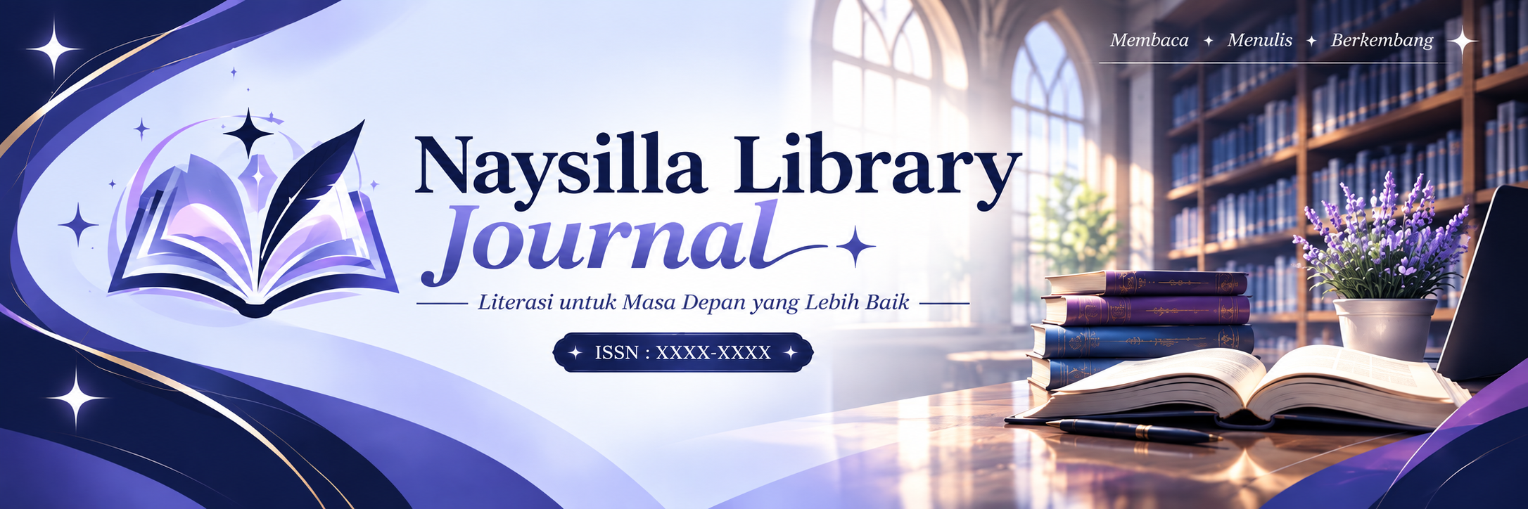 Banner Naysilla Library Journal dengan logo buku terbuka berwarna ungu-biru dan teks “Naysilla Library Journal” berlatar ilustrasi perpustakaan.