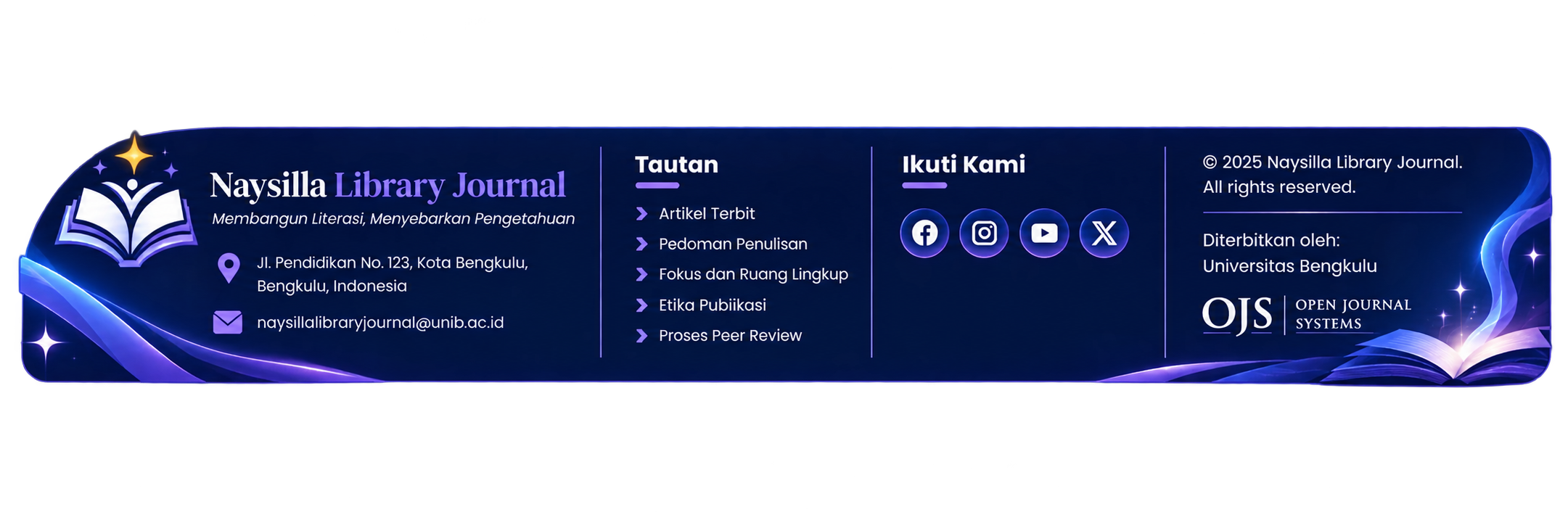 Footer Naysilla Library Journal dengan logo, kontak, tautan, media sosial, dan identitas OJS.